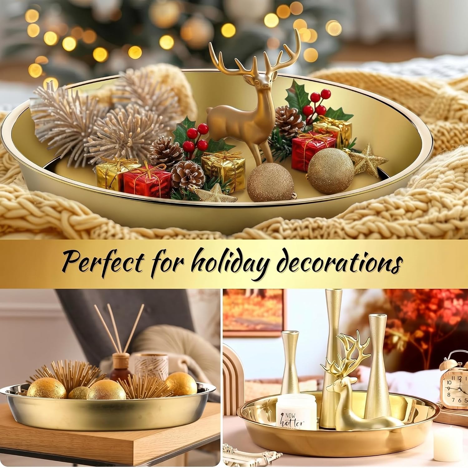Thenshop 3 Pcs 15 Inch Gold Round Serving Tray Stainless Steel Circle Decorative Vanity Gold Plate Metal Jewelry Makeup Organizer Dishes for Gift Wedding Coffee Table Bathroom Dessert Christmas
