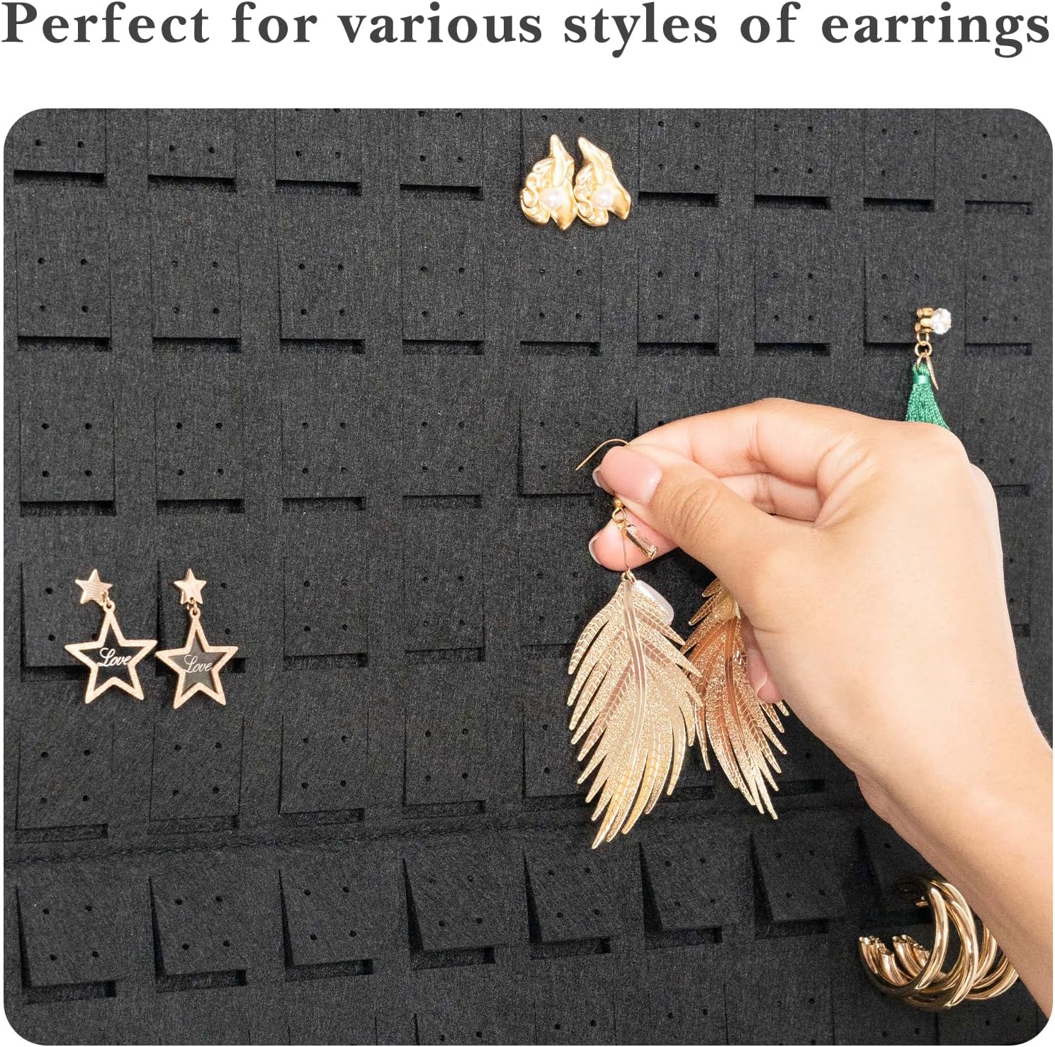 Lolalet Hanging Earring Holder Organizer with 20 Hooks for Women, Earring Organizer Wall Earrings Hanger Pierced Earring Storage, Felt Stud Earring Display, 608 Holes for Earrings - Black, 1 Pack