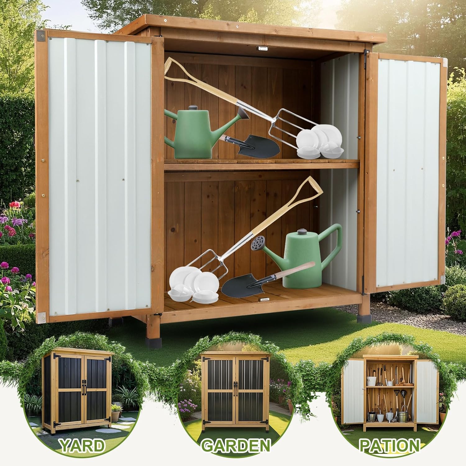 Outdoor Storage Cabinet, Small Wood & Metal Storage Shed with Lockable Doors & Adjustable Shelves, Vertical Outdoor Cabinets for Patio Backyard,Garden Tool Shed and Accessories, Brown