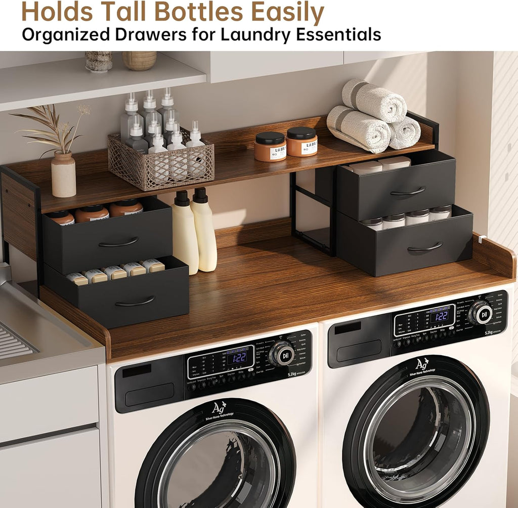 4 Drawers Washer Dryer Countertop with Shelf, 27.5" D x 54" W Laundry Topper with 3.54" High Guardrails and Non-Slip Pads,Extra Storage Organizer for Over Washer and Dryer, Holds 66 Lbs,Dark Walnut