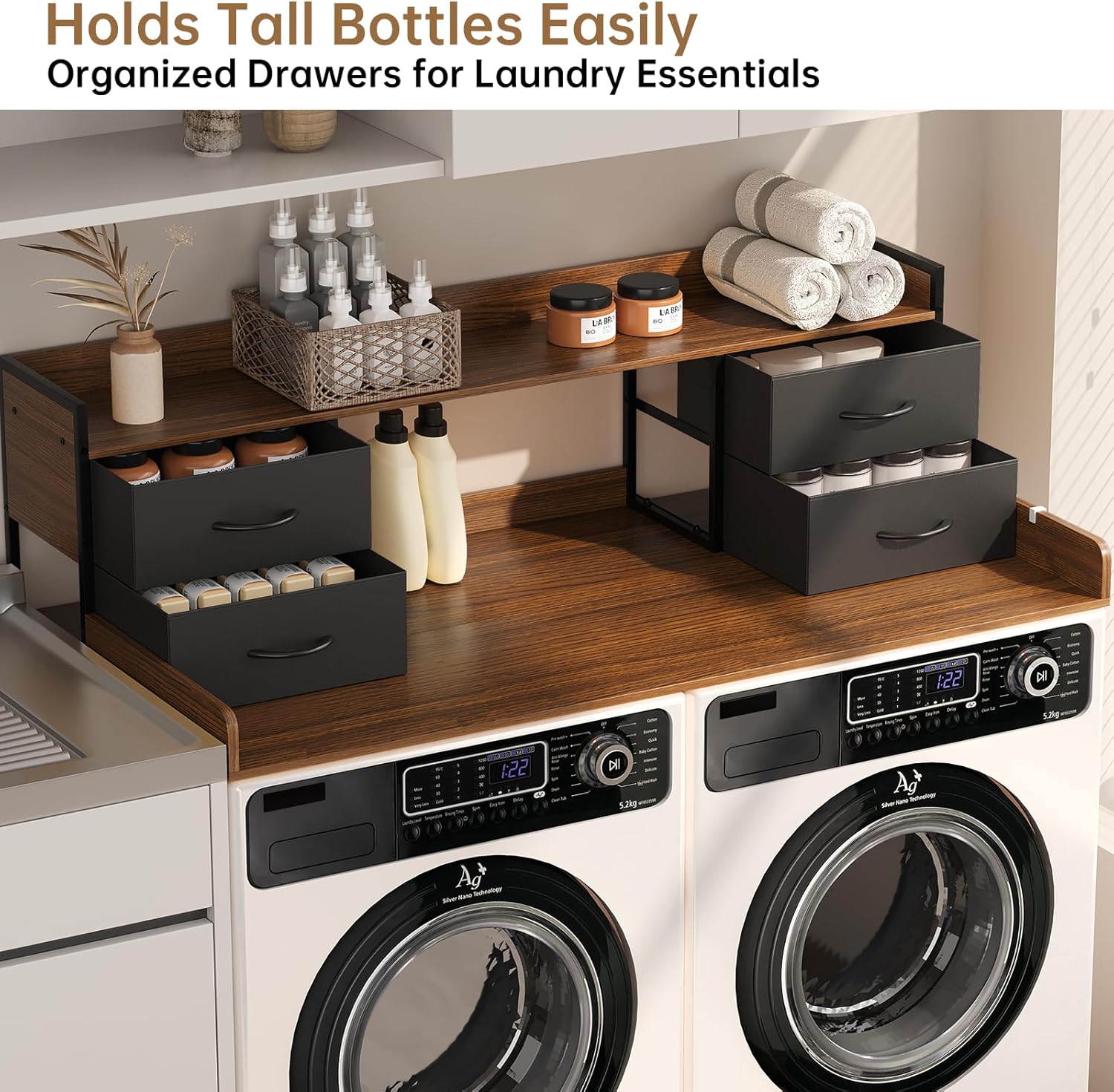 4 Drawers Washer Dryer Countertop with Shelf, 27.5" D x 54" W Laundry Topper with 3.54" High Guardrails and Non-Slip Pads,Extra Storage Organizer for Over Washer and Dryer, Holds 66 Lbs,Dark Walnut