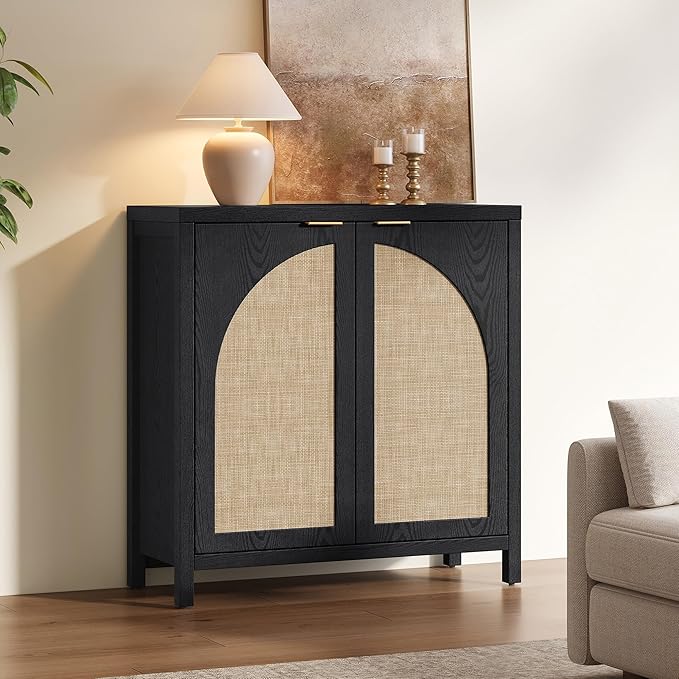 SICOTAS Rattan Sideboard Buffet Cabinet with Storage, Modern Credenza Storage Cabinet with Arch Doors & Adjustable Shelves, Coffee Bar Media Console Cabinets for Kitchen Living Room Entryway, Black