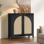 SICOTAS Rattan Sideboard Buffet Cabinet with Storage, Modern Credenza Storage Cabinet with Arch Doors & Adjustable Shelves, Coffee Bar Media Console Cabinets for Kitchen Living Room Entryway, Black