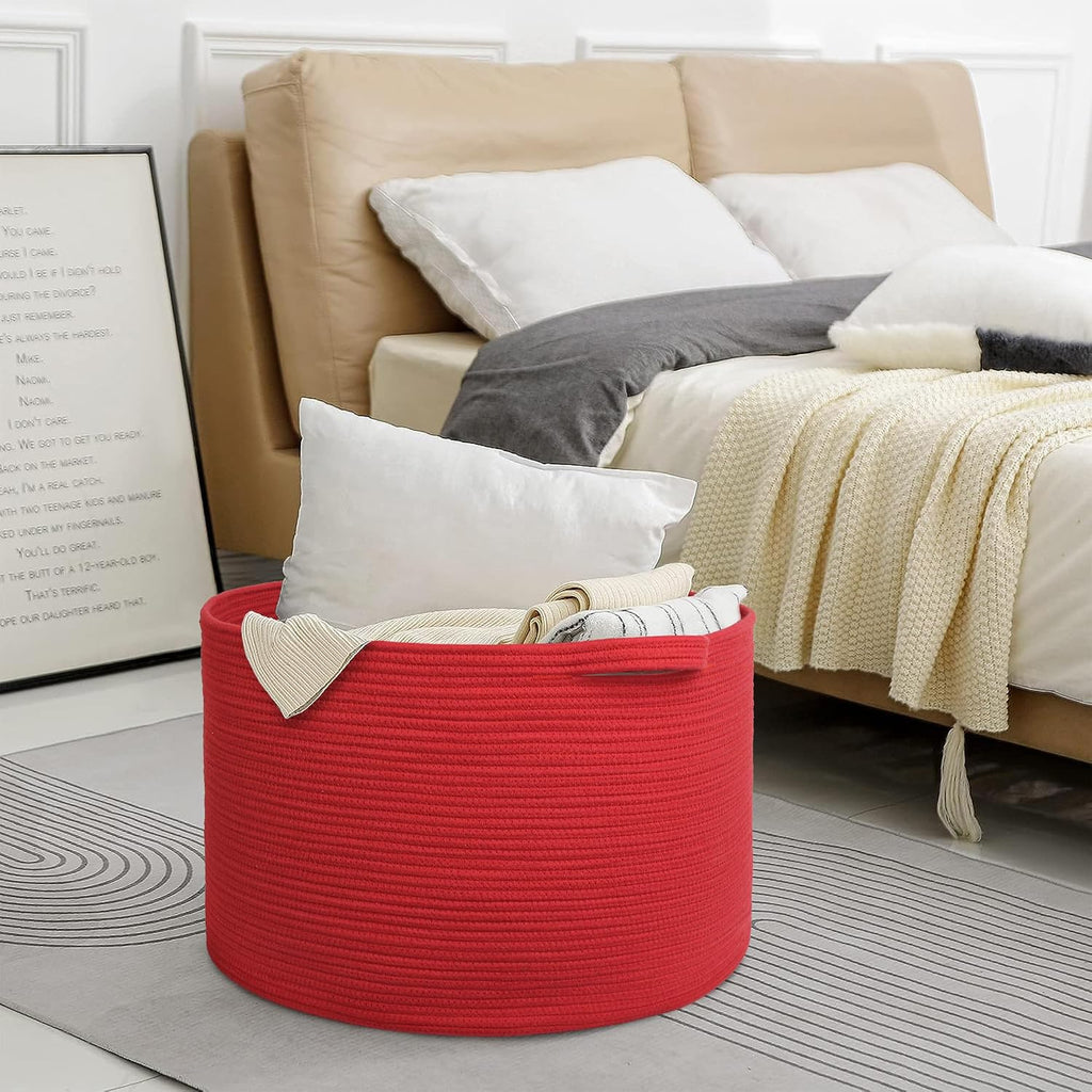 MEGASKET Extra Large Red Basket for Organizing, 22" X 22" X 14" Woven Cotton Rope Bins for Blankets, Baby Nursery Wicker Laundry Basket, Kids Dog Toy Storage Box, Big Red Living Room Decor Organizer