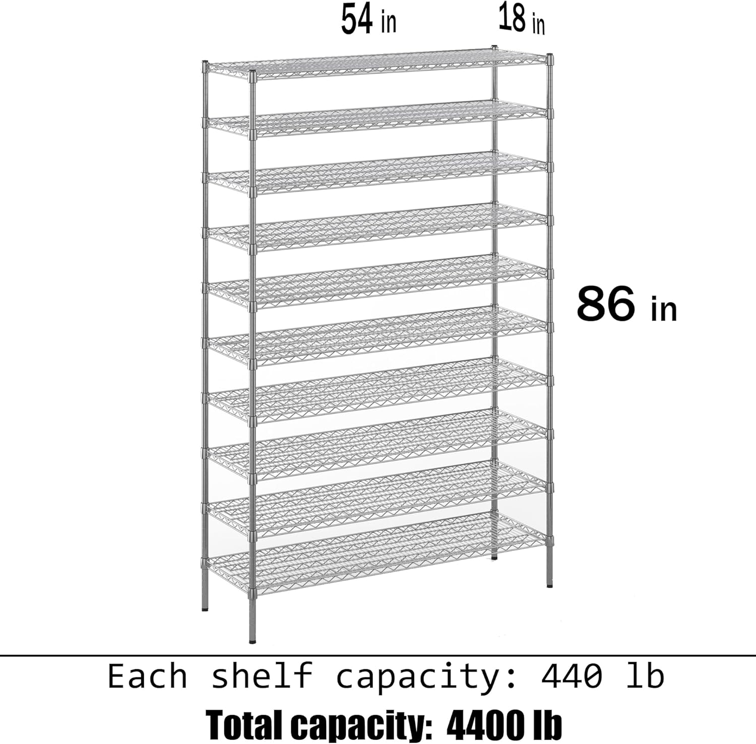 18" Deep x 54" Wide x 86" Height Wire Shelving Kit | 10-Tier | NSF Commercial Storage Rack Unit