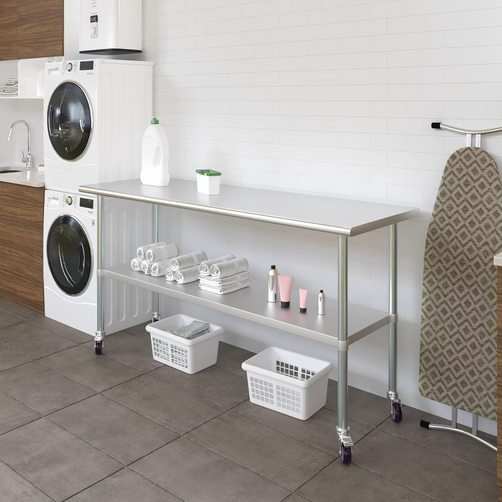 AmGood 24" x 72" Stainless Steel Work Table with Casters | Heavy Duty Metal Utility Table On Wheels | Kitchen Island Cart