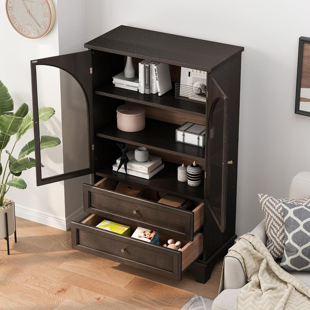 52.17" Tall Display Cabinet with Arched Glass Doors (Brown) | Farmhouse ...
