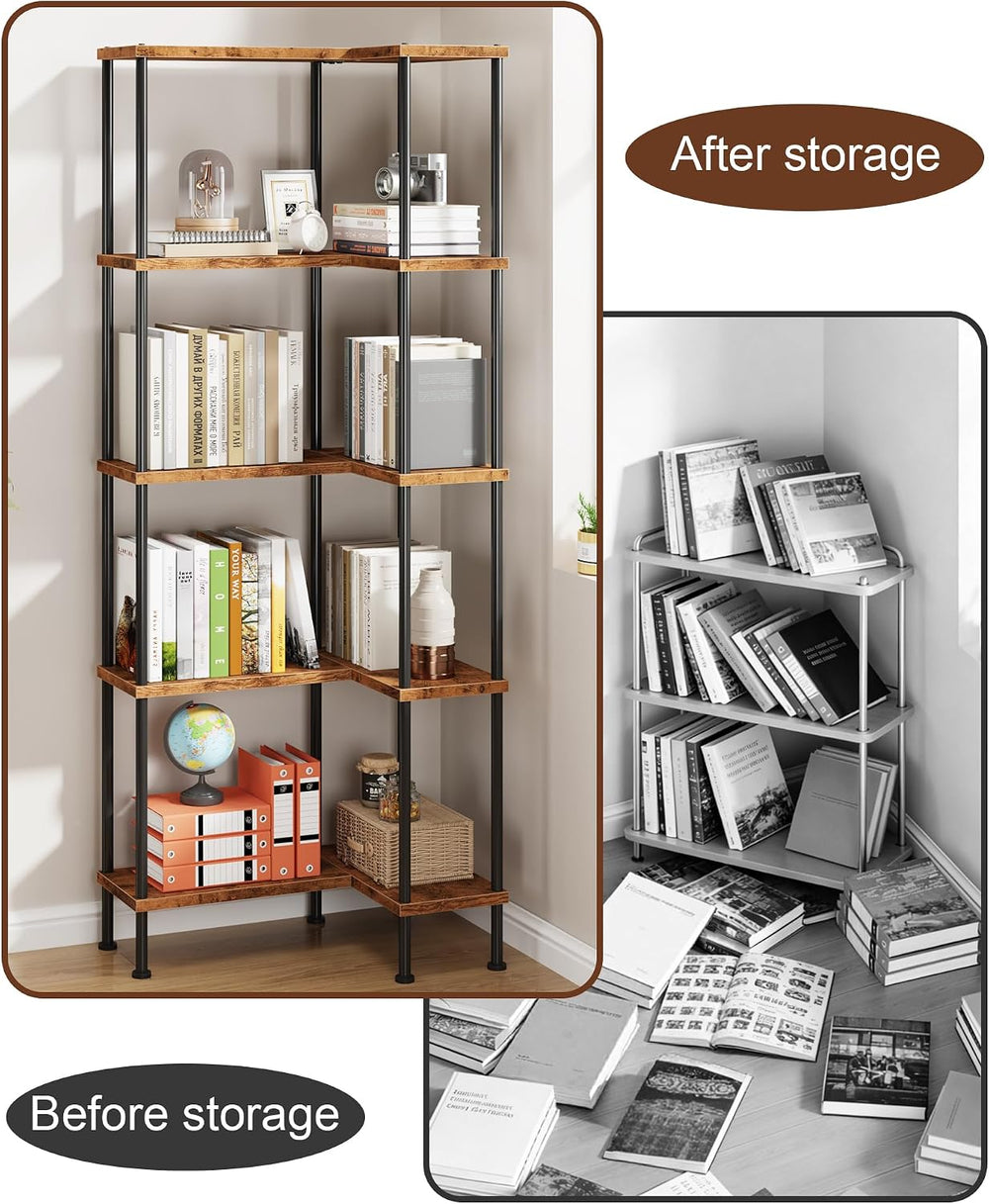 HIGDBFE 5-Tier L-Shaped Corner Bookshelf, 60" Tall Modern Corner Shelf