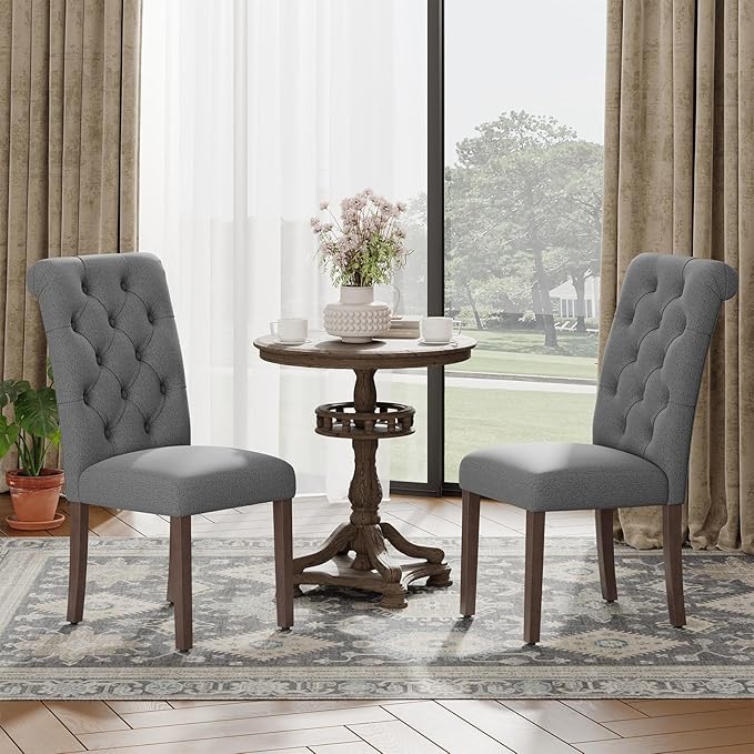 Upholstered Tufted Dining Room Chairs Set of 4, Parsons Kitchen Chairs with Padded Seat and Solid Wood Legs, Fabric Accent Side Diner Chair for Dining Room/Kitchen/Living Room, Grey
