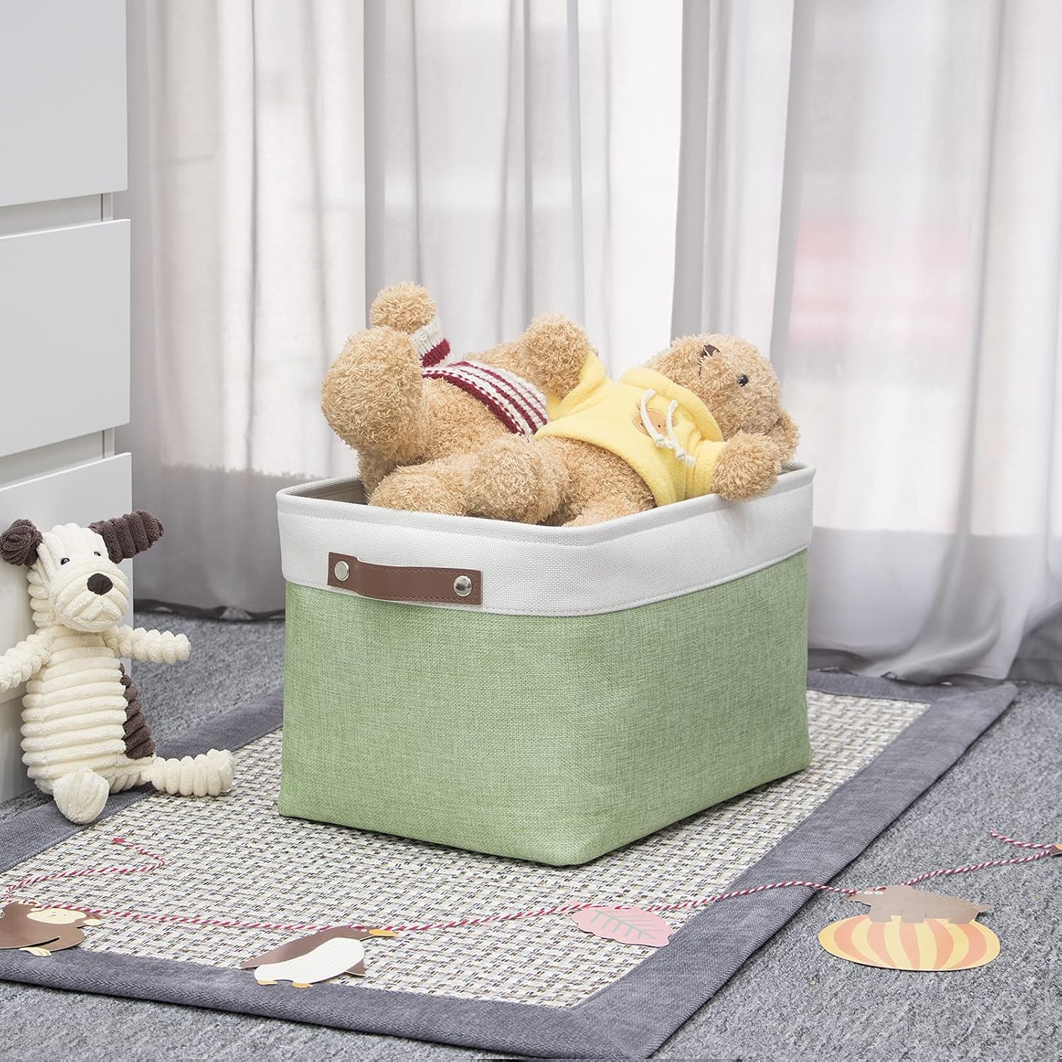 HNZIGE Storage Basket for Organizing Clothes(3 Pack) Decorative Storage Bins for Shelves Toys, Fabric Canvas Bins Storage Organizer with Handles(Gray&Green,15" X 11" X 9.5")