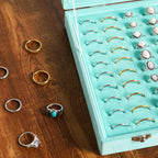 Frebeauty Ring Organizer Tray 100 Slots Ring Holder with Clear Lid Velvet Storage Box Jewelry Tray for Jewelry Store Earring Display Case for Jewelry Show Studs Box for Women(Turquoise)