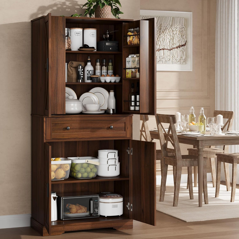 Garvee 71" Kitchen Pantry Cabinet, Barn Door Freestanding Cupboard with ...