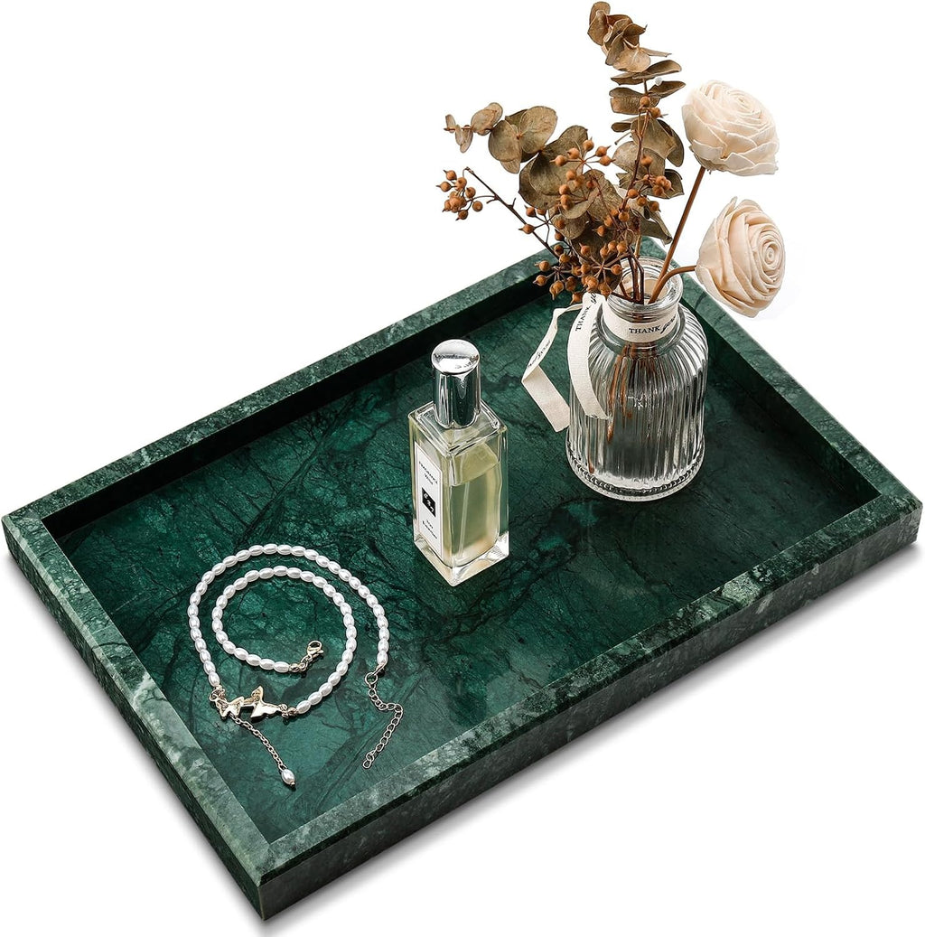 Real Natural Marble Tray for Bathroom, Vanity, Kitchen and Desktop, Rectangle Genuine Marble Stone Tray for Jewelry, Cosmetics, Candles, Lotion, Perfume and Home Decor