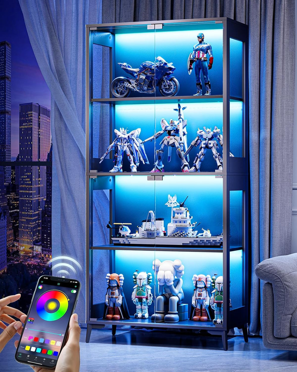 Glass Display Cabinet with Doors, 4-Tier Display Case with Adjustable Shelves...
