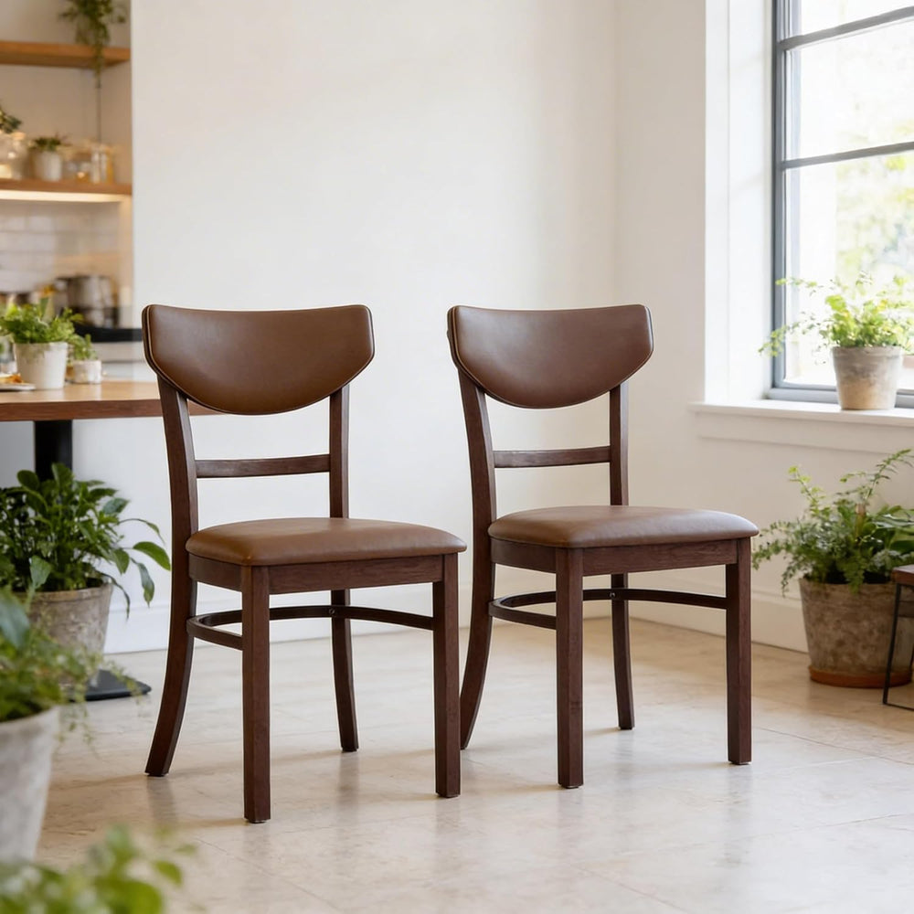 Livinia Bay Dining Chair Set of 2, Solid Malaysian Oak PU Leather Upholstered...