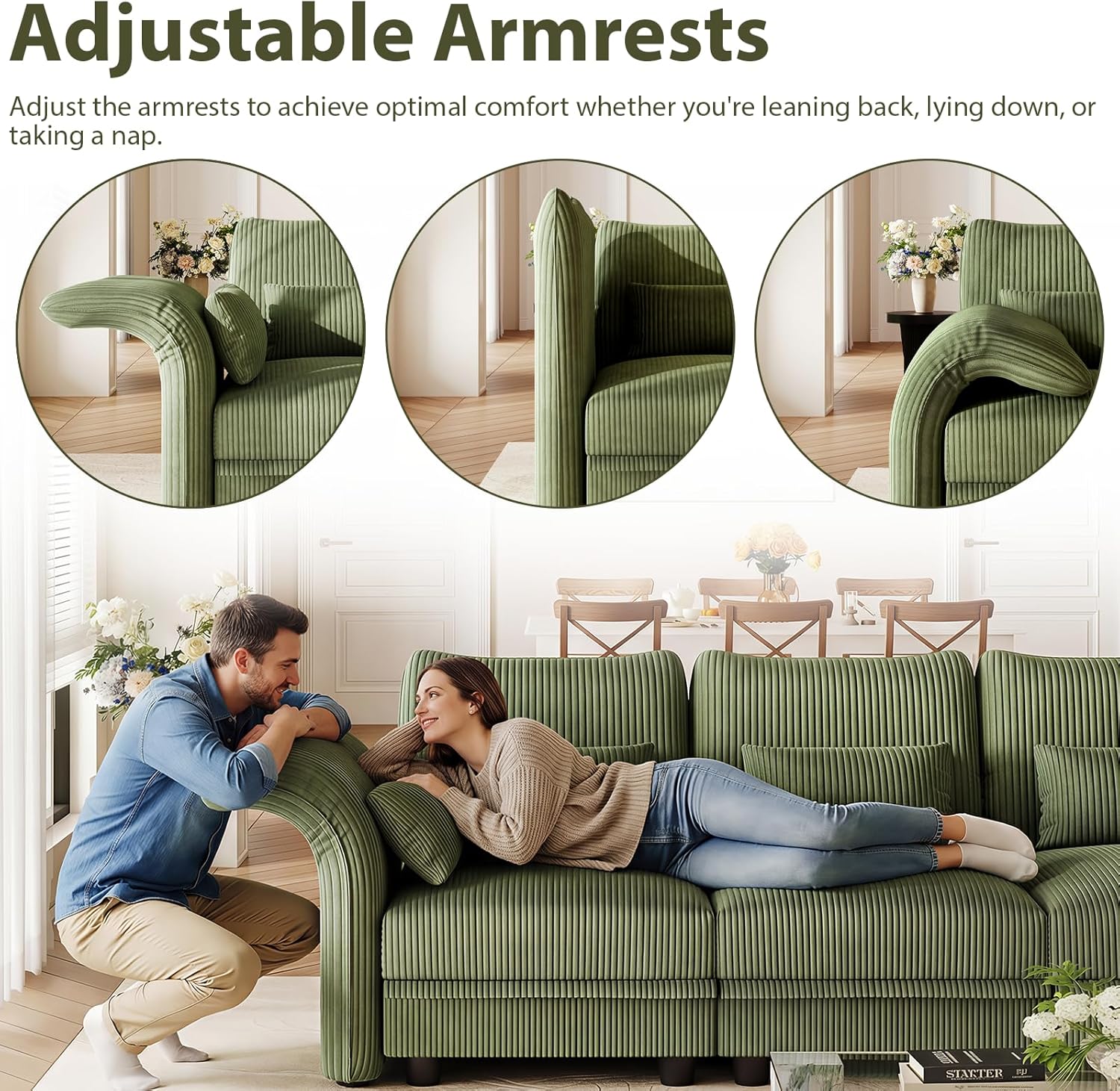 LLappuil Corduroy Sectional Sofa with Storage Ottoman, L Shaped Modular Sectional Couches for Living Room with Adjustable Arms Backs, Plush Supportive Cushions, 6 Seat, Green | Tool Free Assembly