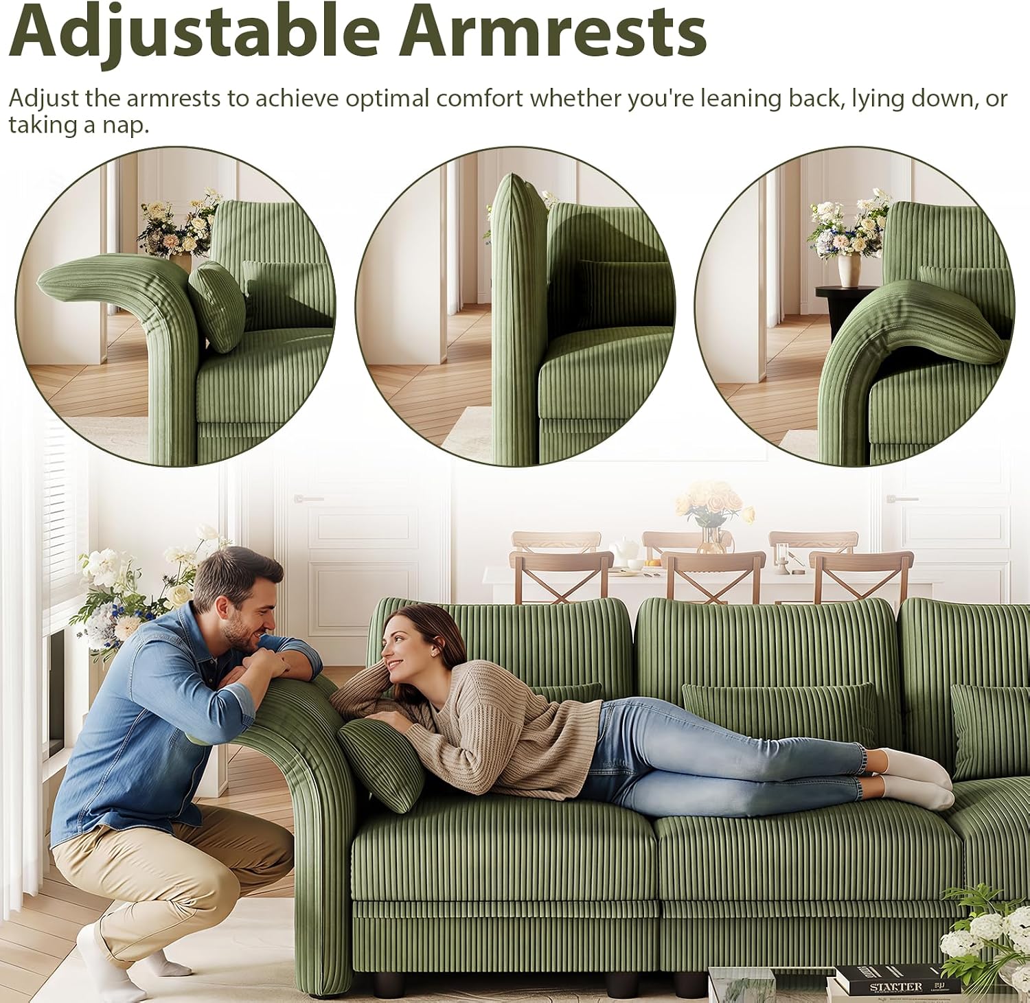 LLappuil U Shaped Sectional Sofa with Storage, 6 Seat Green Corduroy | Adjustable Backrests & Arms, Extra Deep Seat Cushions, OEKO-TEX Certified Fabric, Solid Wood Frame + 35D Foam