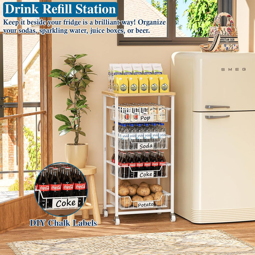 OKZEST 5-Tier Kitchen Storage Cart with 4 Upgraded Drawer Basket & Wood T...