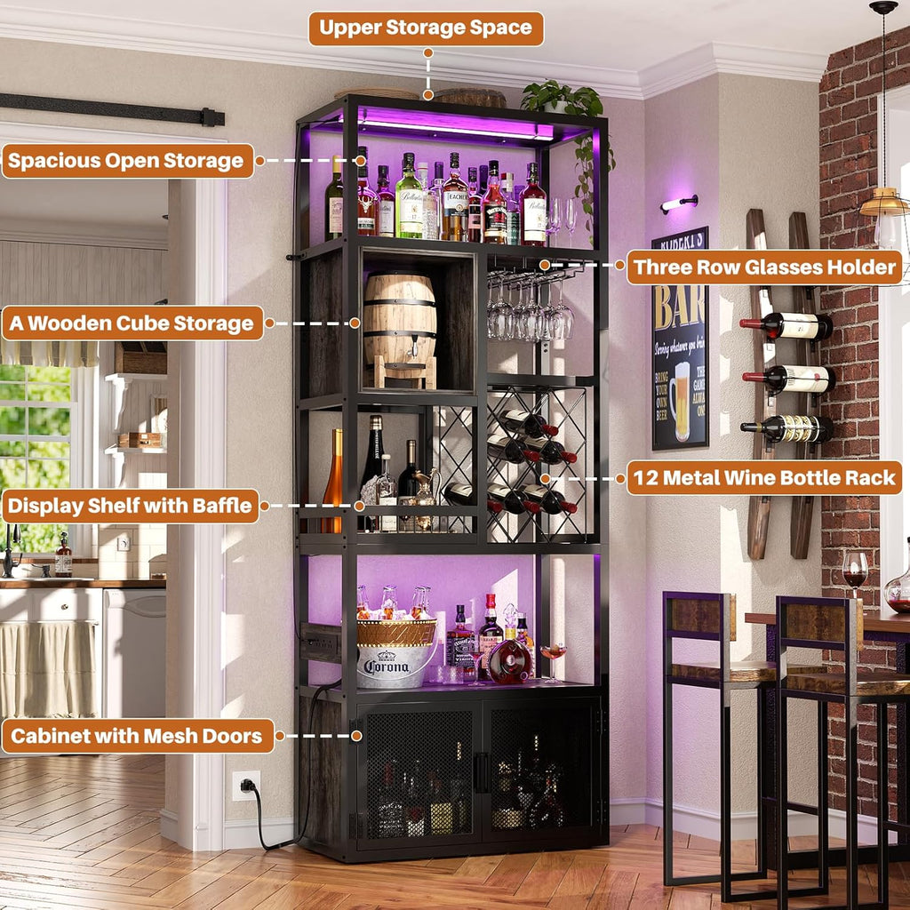 82.6" Tall Bar Cabinet with Power Outlets, 6-Tiers Reversible Wine Cabinet with LED Lights, Glass Holder & Wine Rack, Liquor Storage Cabinet Coffee Bar Unit Station for Dining Living Room, Grey Oak