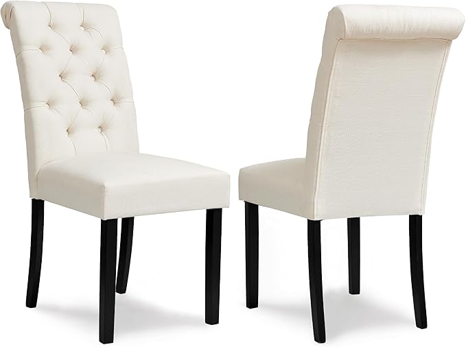CHUN YI Dining Chairs Set of 6, Button Tufted Upholstered Fabric Dining Room Chairs with Solid Wood Legs and Curved Back, Parsons Side Chairs for Kitchen, Ivory White