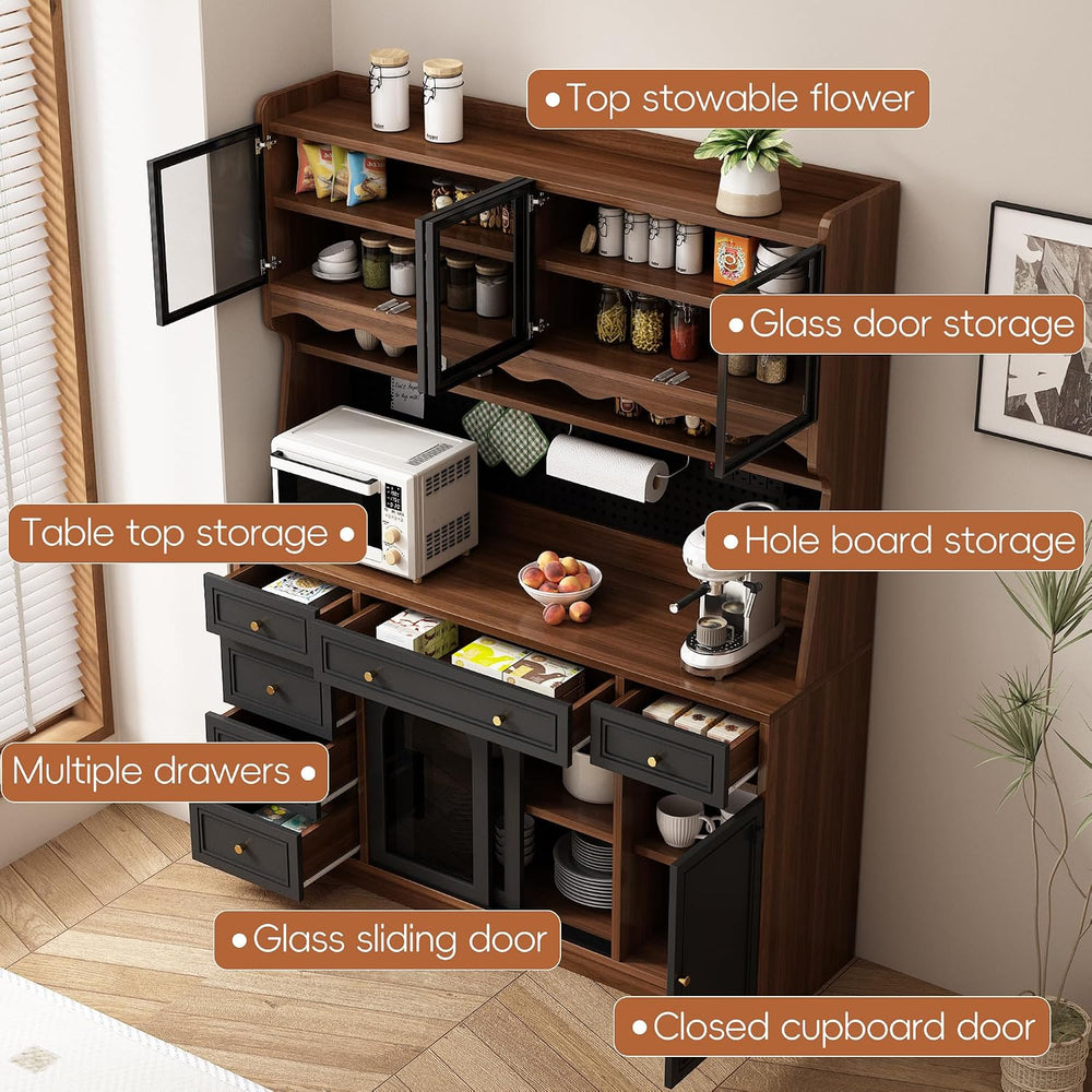 63" W Farmhouse Buffet Cabinet with Hutch, Freestanding Coffee Bar Sideb...