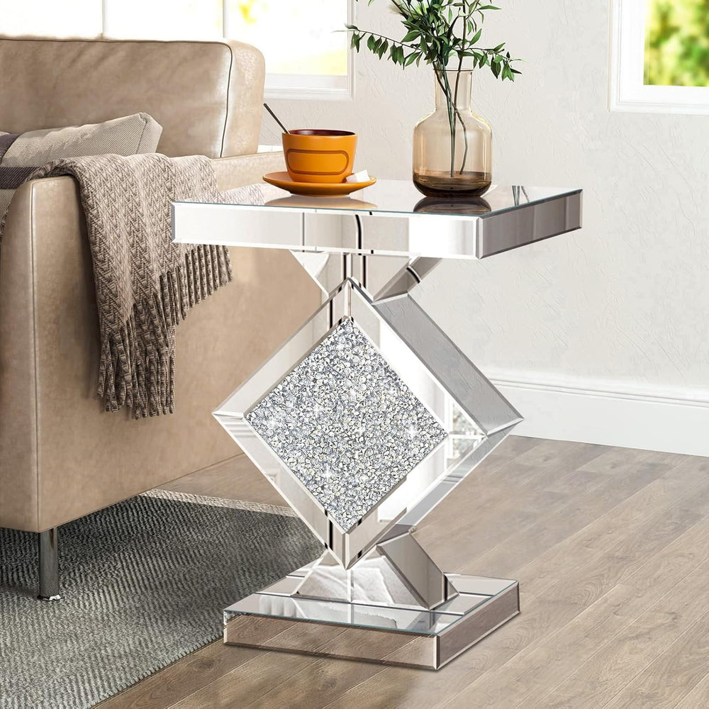 Crushed Diamond Mirrored End Table, Silver Side Accent Table, Small Mirrored ...