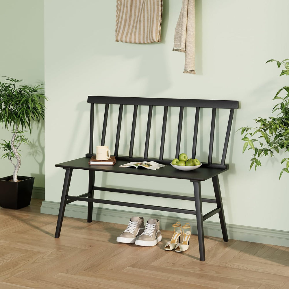 APRTAT Bamboo Entryway Bench, Dining Bench with Spindle Back (Black) | Natura...