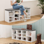 Shoe Storage Bench with Cushion, 41'' Long Entryway Bench with 10 Compartments Shoe Rack, Multifunctional Cubby Storage Organizer for Living Room, Hallway, Bedroom and Closet, White