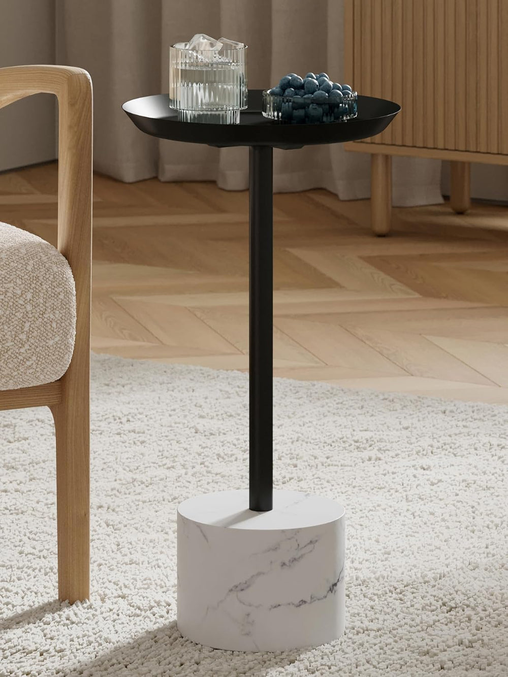 Round Metal Drink Table with Black Top and Faux Marble Base – Small Pedestal ...