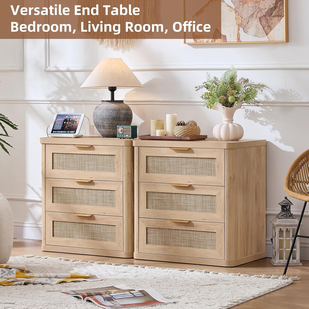 LEYAOYAO Rattan Night Stand with Charger Station, 23" Large 3 Drawer Boho Nightstand, Natural Wood Bedside Table Storage Cabinet, Bed Side End Tables for Bedroom, Living Room, Hallway