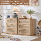LEYAOYAO Rattan Night Stand with Charger Station, 23" Large 3 Drawer Boho Nightstand, Natural Wood Bedside Table Storage Cabinet, Bed Side End Tables for Bedroom, Living Room, Hallway