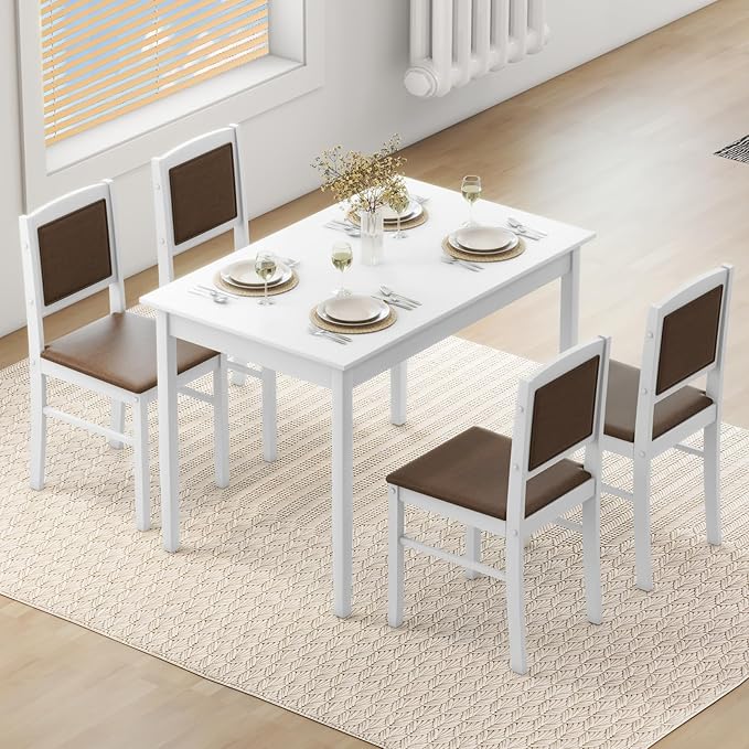 NAFORT Dining Table Set for 4, Farmhouse Kitchen Table and Chairs Set of 4, Mid-Century Modern Rectangular Dining Room Table with Cushion Padded Seat, Solid Wood Dining Set Kitchen Furniture