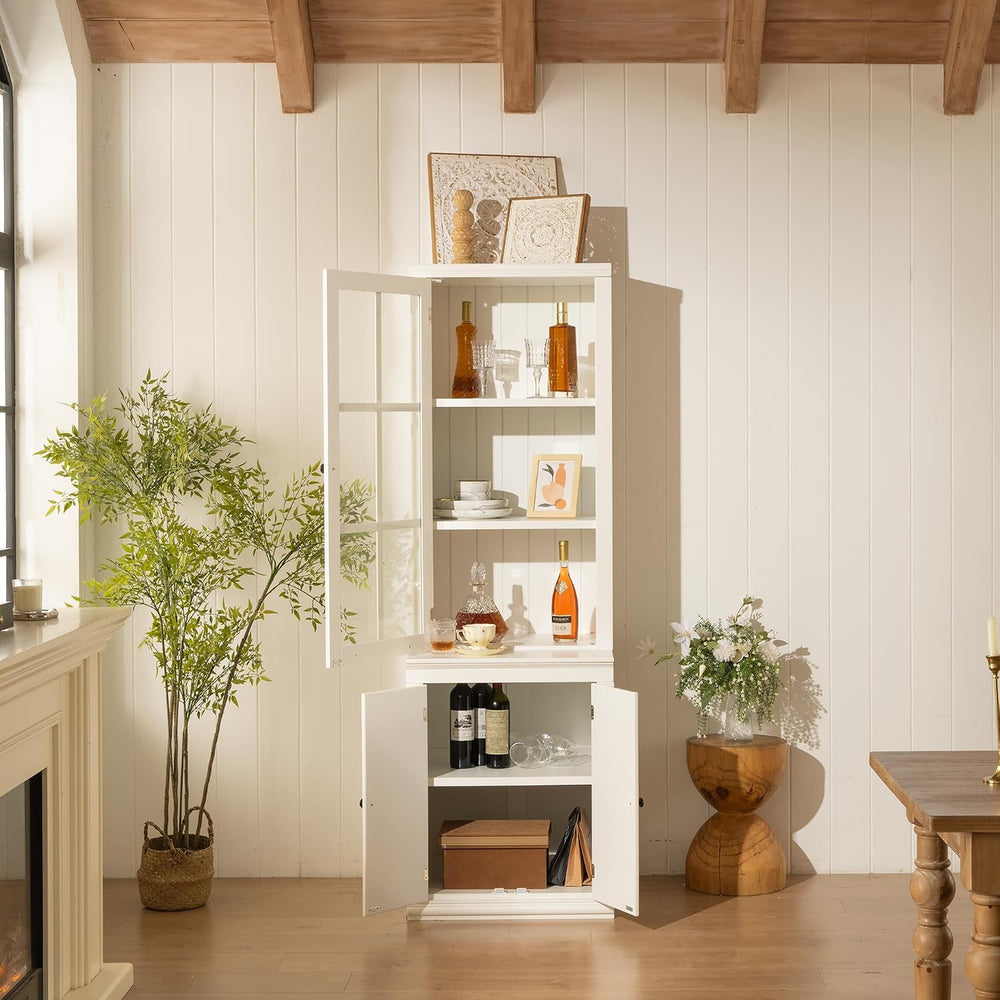 Chic 75.25'' White Freestanding Pantry Cabinet with Glass Door, Ideal...