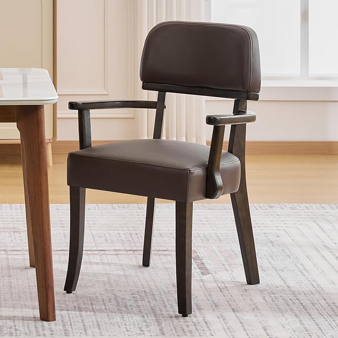 PU Leather Dining Chairs with Arms Set of 4, Upholstered Dining Room Chairs with Hardwood Legs & Open Curved Backrest,Modern Accent Kitchen Chairs 350 LBS Capacity, Brown