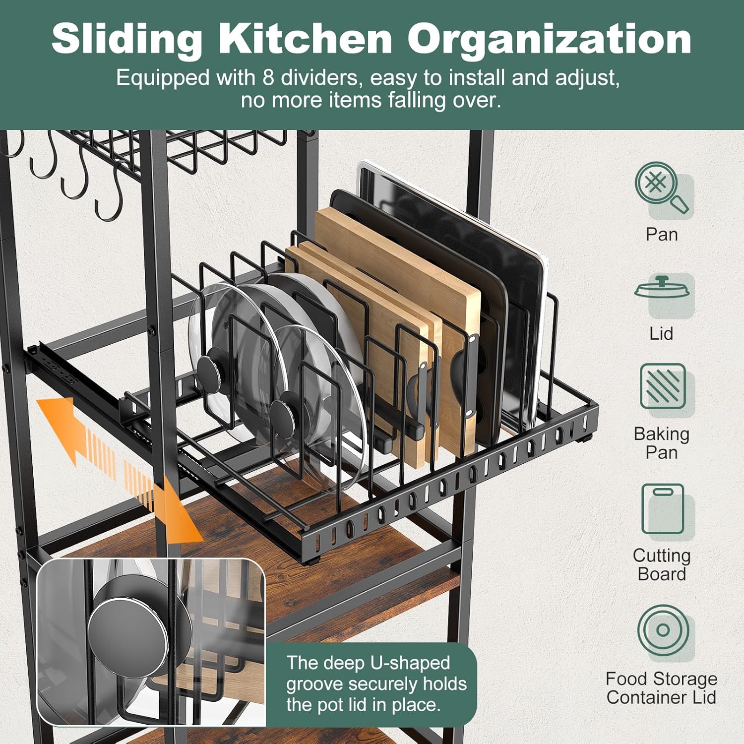 Housolution 5 Tier Kitchen Rolling Cart, Storage Cart with Metal Fruit Vegetable Basket and Pull-Out Pot Lid Cutting Board Organizer, Storage Rack with Wooden Top for Kitchen, Pantry, Bathroom