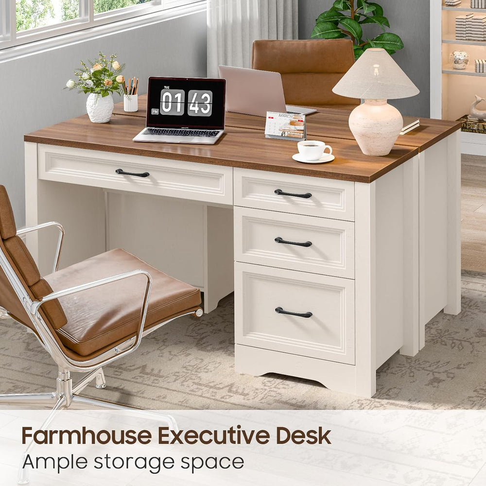 Vabches Farmhouse Executive Desk with Storage and Ample File Drawer, Rustic L...
