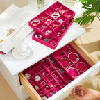 Junkin 12 Pcs Jewelry Tray Velvet Stackable Jewelry Organizer Trays Divided Earring Accessories Storage Containers Box (Rose Red)