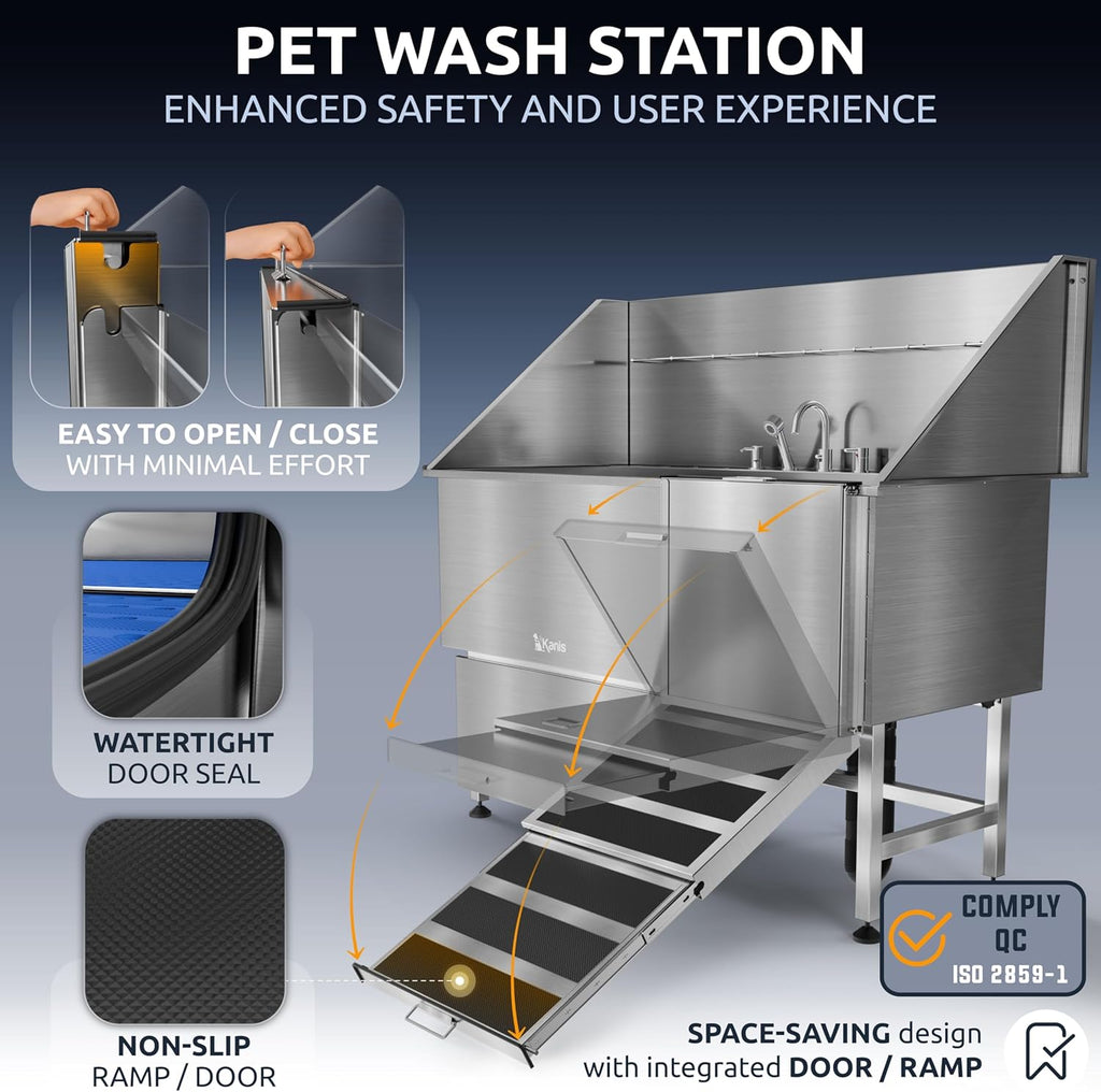 KANIS Professional Dog Washing Station - 304 Stainless Steel Pet Wash Sink & Grooming Bathtub w/Shower, Floor Grates and Storage for Large, Medium & Small Pets (61", 1 Drawer - Right Ramp)