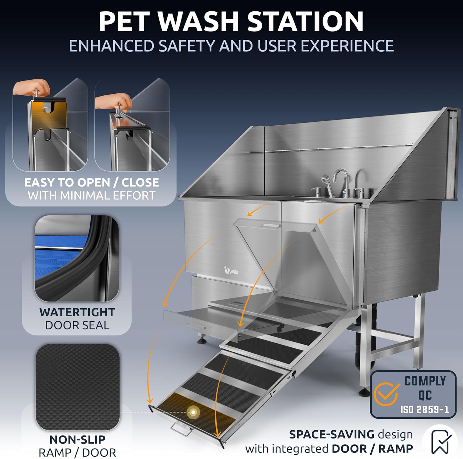 KANIS Professional Dog Washing Station - 304 Stainless Steel Pet Wash Sink & Grooming Bathtub w/Shower, Floor Grates and Storage for Large, Medium & Small Pets (61", 1 Drawer - Right Ramp)