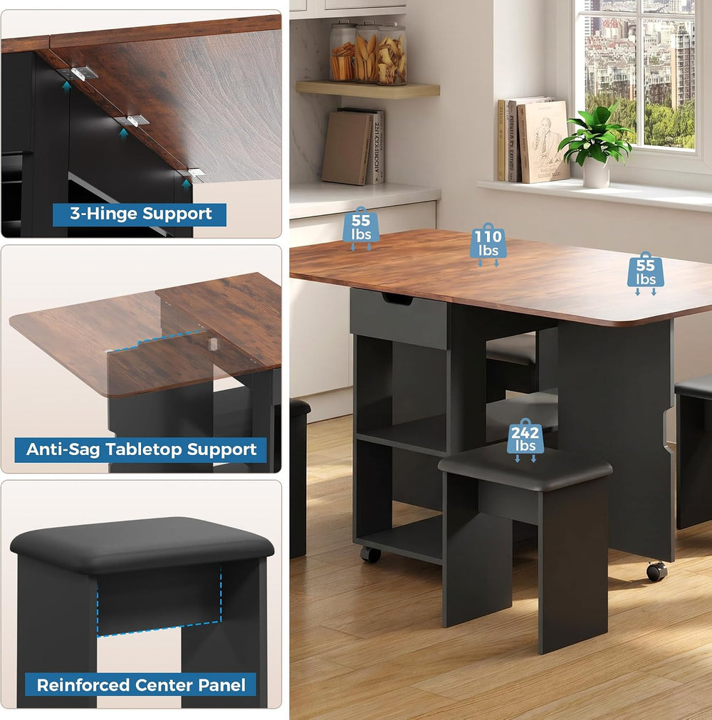 Mondeer 55" Folding Dining Table and Chairs Set 4, Cushioned Stools | 2 ...