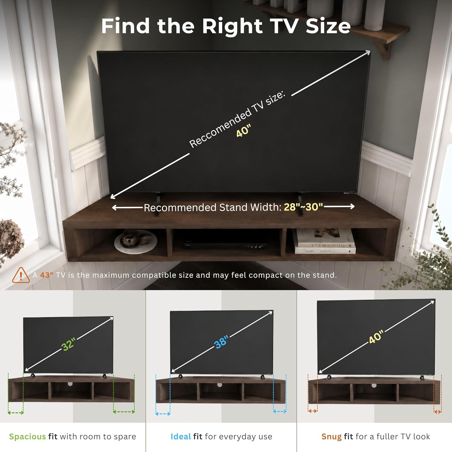 24/7 Shop at Home French 47 inch Modern Floating TV Stand with Storage, Floating Corner Shelf for Wall, Wood Entertainment Center with Shelves for Living Room, Bedroom, Family, Cappuccino Brown