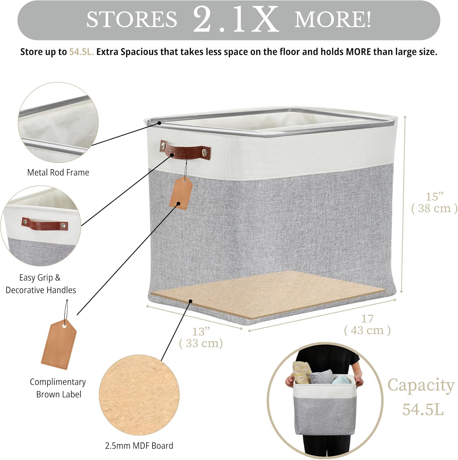DECOMOMO Storage Baskets | Large Storage Bins 54.5L Fabric Baskets for Organizing Laundry Nursery Toys Cloth Linen Closet Organizers with Handles (Grey and White, XXXL - Jumbo/3P - 17" x 13" x 15")