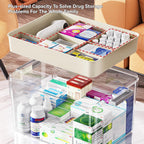 2-Tier Medicine Storage Box with Handle, Clear Plastic First Aid Organizer for Home & Travel, Multi-Compartment Emergency Supplies Container, Family Medicine Box, Pill Bottle Organizer