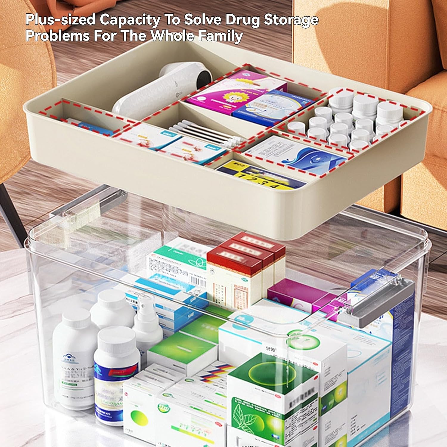 2-Tier Medicine Storage Box with Handle, Clear Plastic First Aid Organizer for Home & Travel, Multi-Compartment Emergency Supplies Container, Family Medicine Box, Pill Bottle Organizer