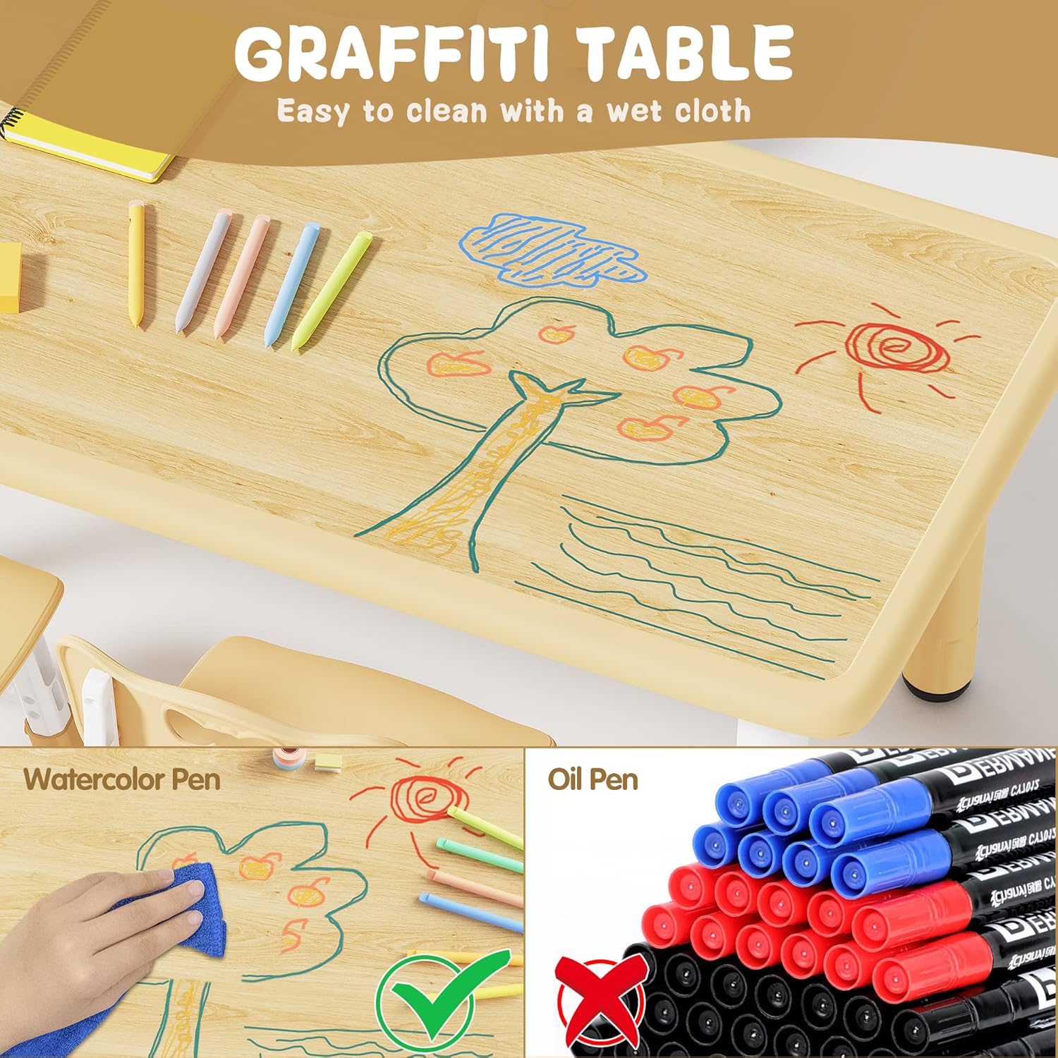Brelley Kids Table and 4 Chairs Set, Height Adjustable Toddler Table and Chair Set, Graffiti Desktop, Non-Slip Legs, Max 300lbs, Children Multi-Activity Table for Ages 2-8