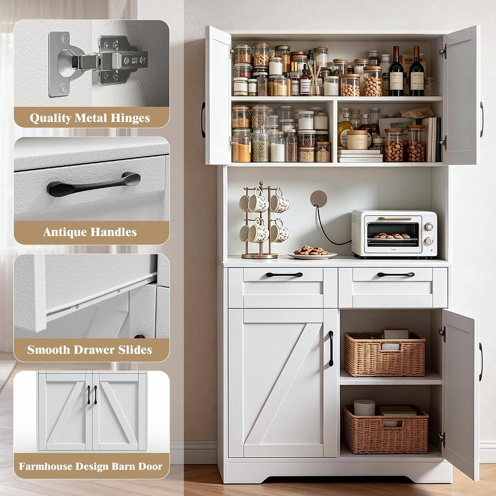 Tall Kitchen Pantry Cabinet with 2 Drawers, White Hutch Cabinet with Storage,...
