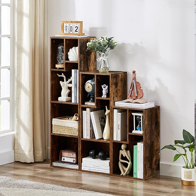 VECELO 4-Tier Bookcase, Modern Storage Cabinet with Height Difference Shelves for Standard Textbooks, 5 Cubes, Vertical or Horizontal, Easy Assembly, Rustic Brown