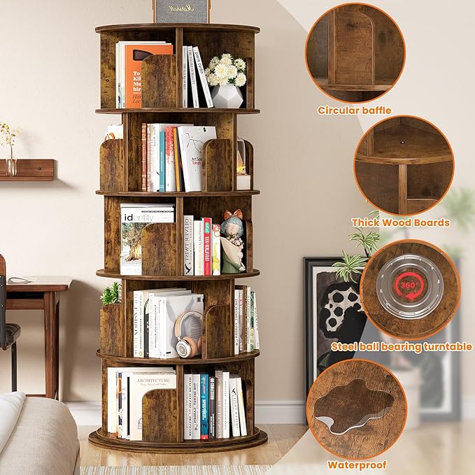 Rotating Bookshelf Tower, 5 Tier Spinning Bookcase, Revolving 360 Book Shelf ...