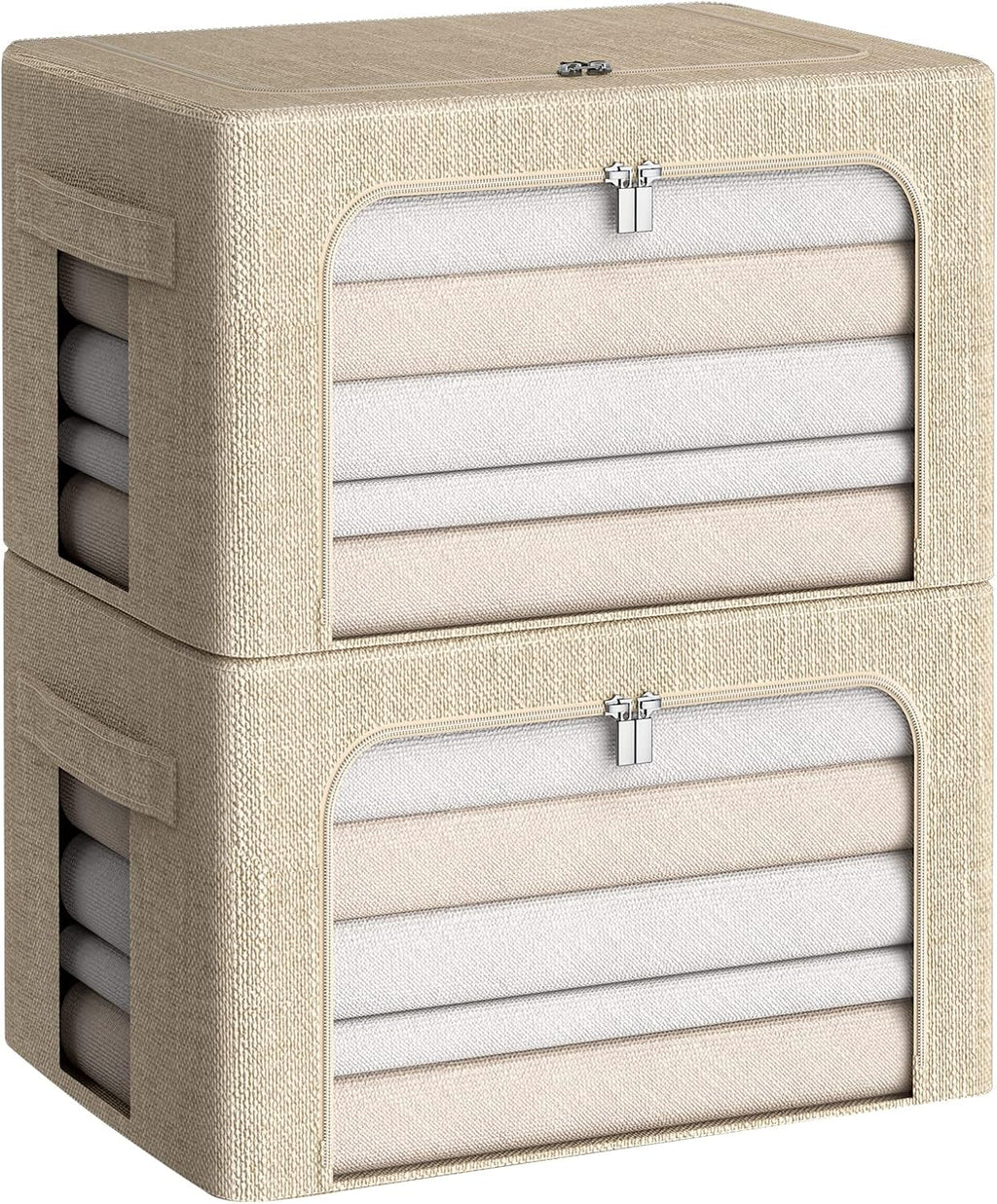 CYhom Clothes Storage Bins Box - Linen Fabric Foldable Stackable Container Organizer Set with Clear Window & Carry Handles & Metal Frame for Bedding, Blankets, Books (Beige, Medium-36L)