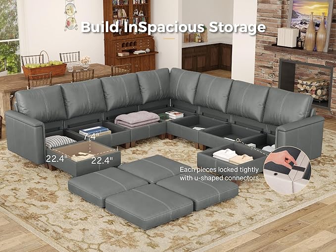 SITJOY 118" Faux Leather Modular Sectional Sofa with Storage, Mid Century Modern Sectional Couches for Living Room, Soft Padded Armrests, 9 Seat V-Shaped Sectional Couch, Gray